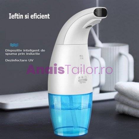 Dispenser automat de sapun/gel dezinfectant, cu senzor de miscare LED infrarosu, lumina UV, 330ml, bleu