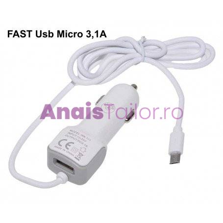 INCARCATOR AUTO FAST MICRO USB 3,1A + USB, Tensiune de intrare 12V-24V DC 