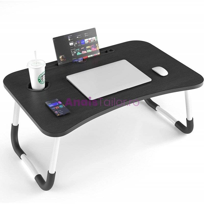 Masuta / suport multifunctionala, pentru laptop sau tableta, din metal cu blat MDF, 60x40x26 cm, negru