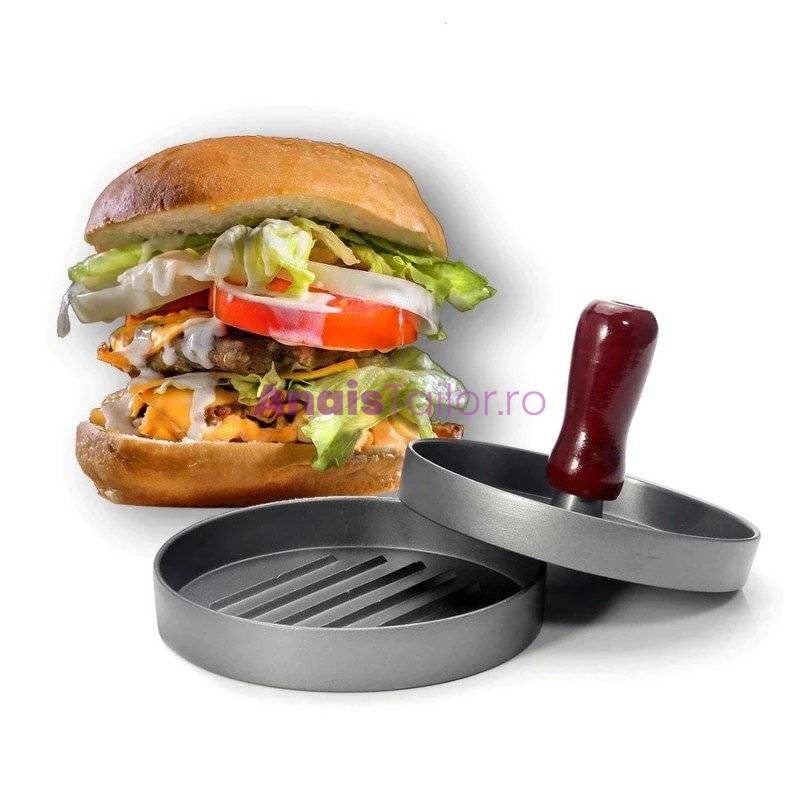 Presa pentru burger, din aluminiu cu invelis antiaderent, maner din lemn, Ø 12 cm