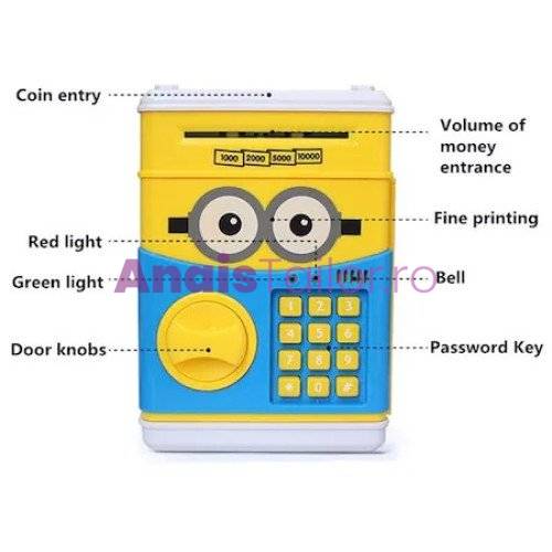 Pusculita interactiva pentru copii cu functie ATM cod pin si seif Minion, cu melodie, Anais Tailor