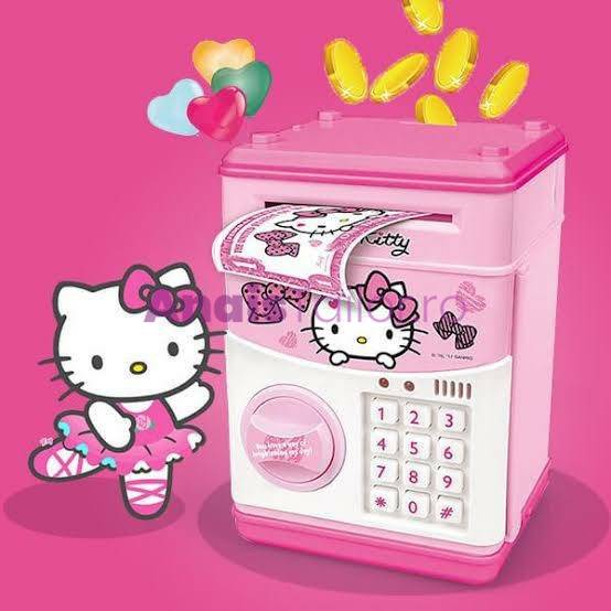 Pusculita, pentru copii, cu functie ATM, cod pin si seif, Roz/Alb, Hello Kitty