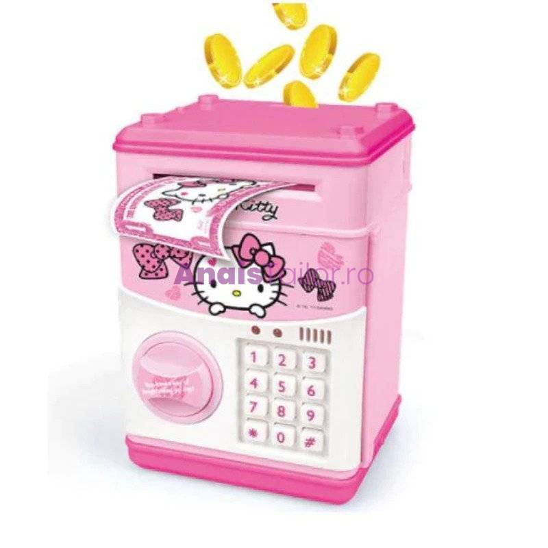 Pusculita, pentru copii, cu functie ATM, cod pin si seif, Roz/Alb, Hello Kitty