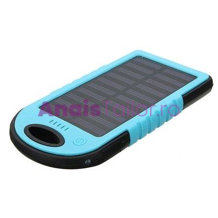 Baterie externa portabila PowerBank cu incarcare solara, 2x USB si lanterna incorporata, culoare Albastru