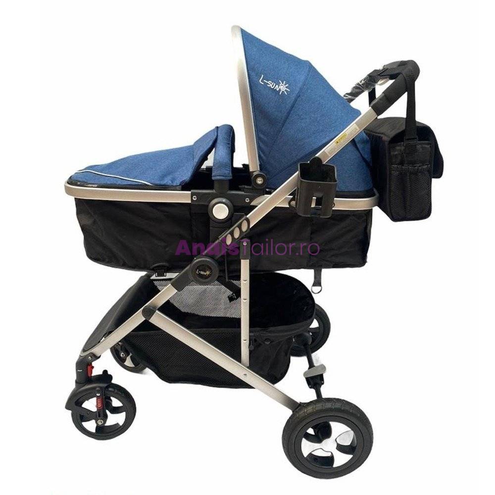Carucior 2 in 1 L-Sun 808, transformare rapida landou sau sport, albastru/negru