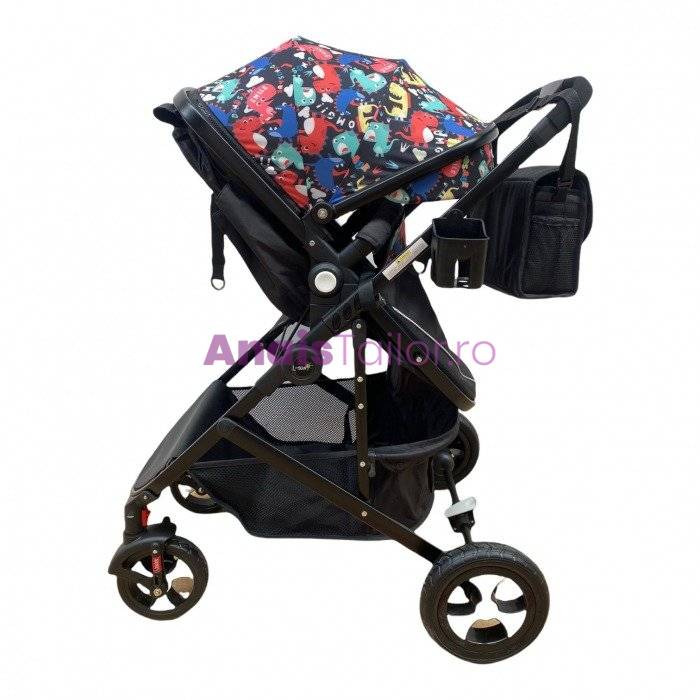  Carucior 2 in 1 L-Sun 808, transformare rapida landou sau sport, Negru cu imprimeu Dino