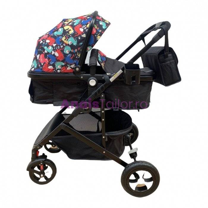  Carucior 2 in 1 L-Sun 808, transformare rapida landou sau sport, Negru cu imprimeu Dino