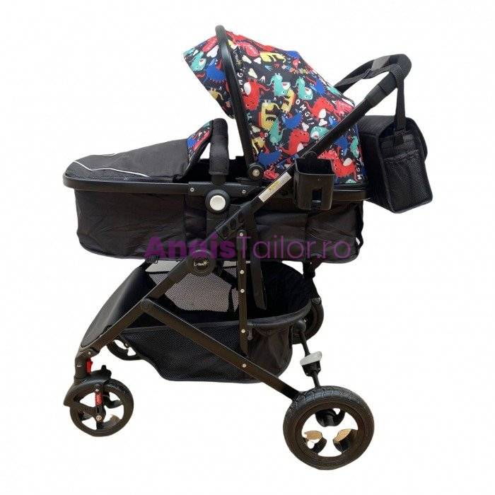  Carucior 2 in 1 L-Sun 808, transformare rapida landou sau sport, Negru cu imprimeu Dino