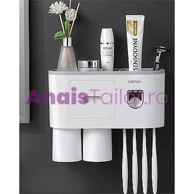 Dispenser Pasta Dinti, cu 2 pahare magnetice, suport 4 periute dinti, 27,5 x 13 cm x 10 cm