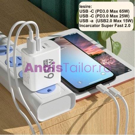 Incarcator Rapid 65W PD Trio, 2 x Tip C + Usb 2.0