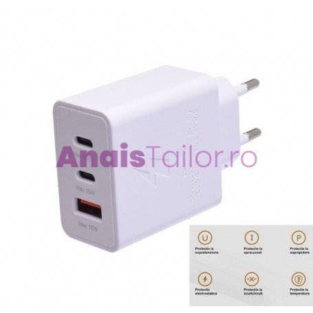 Incarcator Rapid 65W PD Trio, 2 x Tip C + Usb 2.0