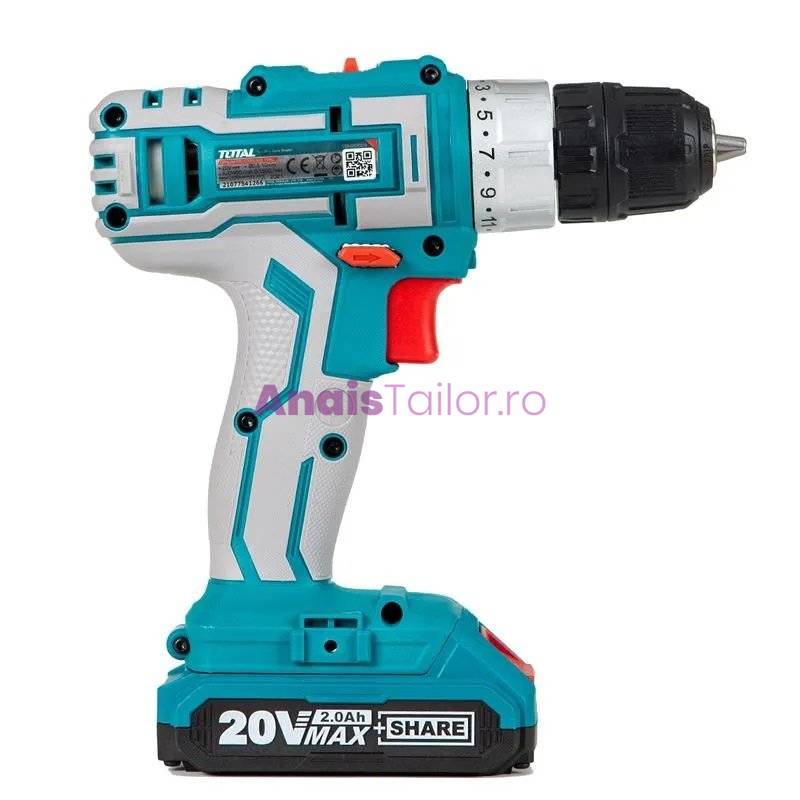 Masina de gaurit si insurubat cu acumulator TOTAL - 20V, 2Ah, 1500 rpm, mandrina rapida