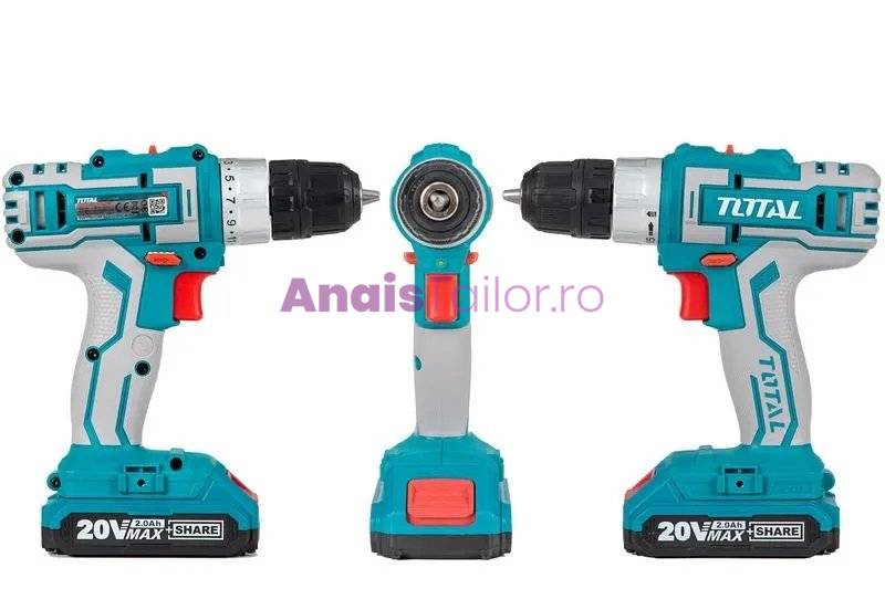 Masina de gaurit si insurubat cu acumulator TOTAL - 20V, 2Ah, 1500 rpm, mandrina rapida