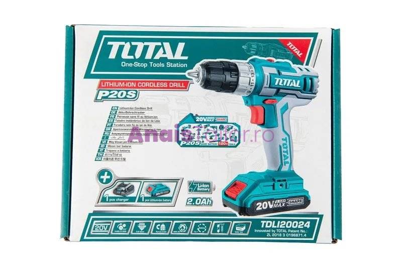 Masina de gaurit si insurubat cu acumulator TOTAL - 20V, 2Ah, 1500 rpm, mandrina rapida