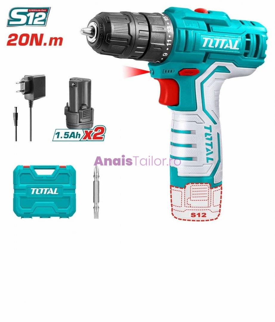 Masina de Insurubat / gaurit, TOTAL cu incarcator 12V/LED Li-ion, 2 acumulatori 1.5Ah