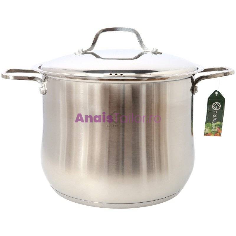 Oala din inox, cu capac din inox, 38 cm, 30.80 l, Grunberg, compatibila Gaz si Inductie