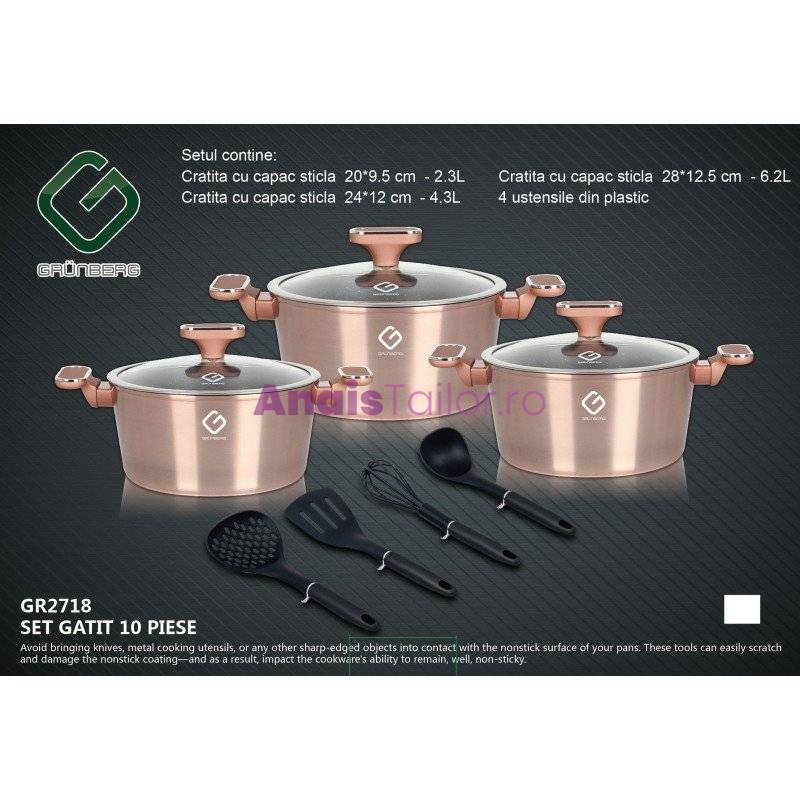 Set 10 piese: 3 vase din aluminiu, compatibile plita inductie, 3 capace sticla, 4 ustensile, Grunberg (auriu)