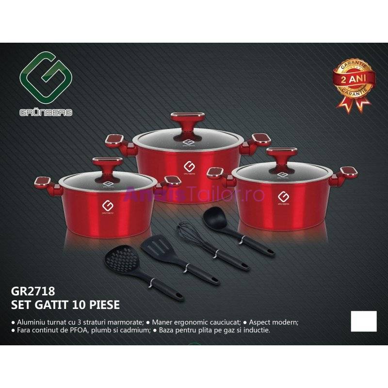 Set 10 piese: 3 vase din aluminiu, compatibile plita inductie, 3 capace sticla, 4 ustensile, Grunberg (rosu)